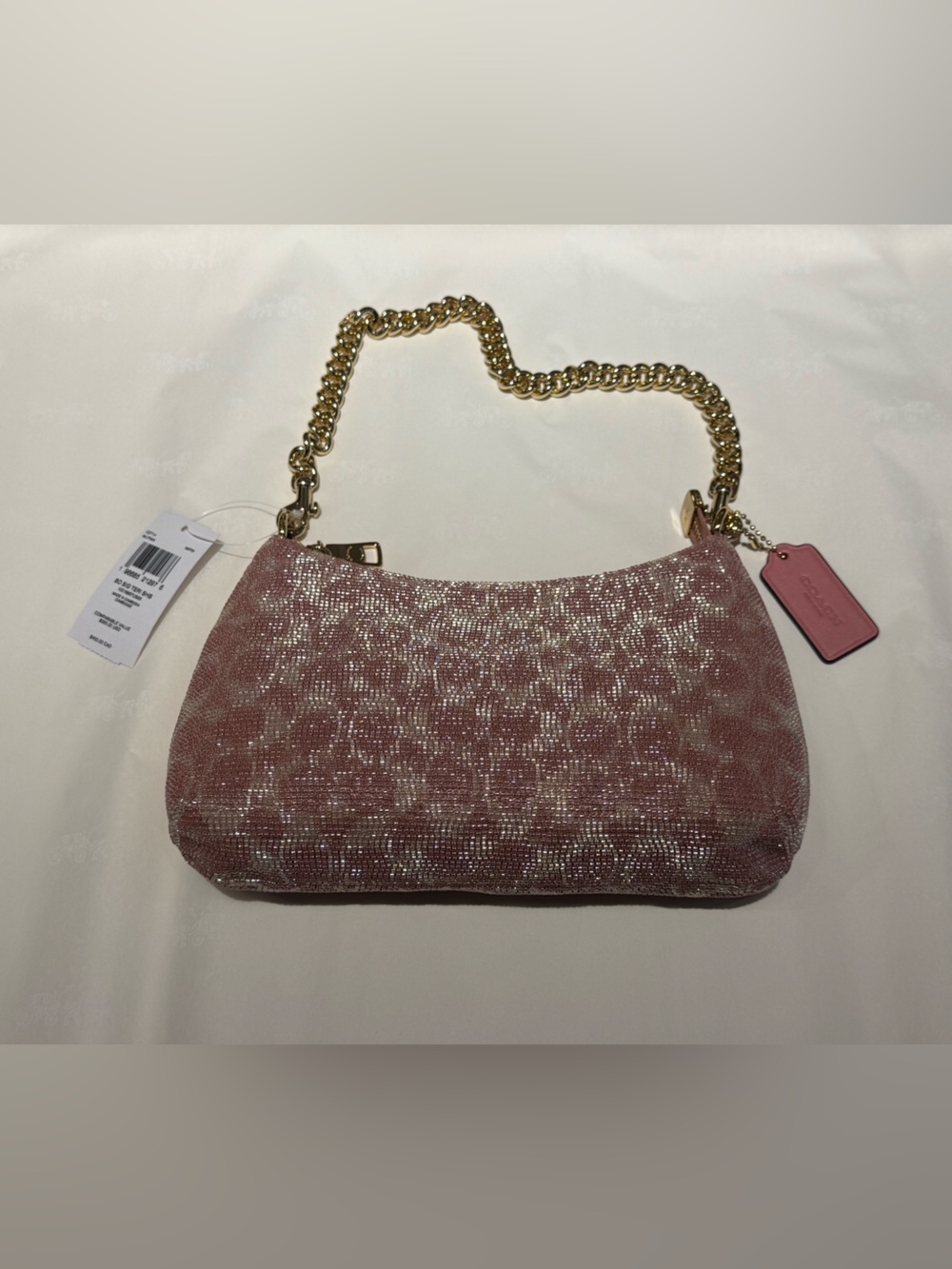 Coach Pink Beaded Teri Shoulder Bag with Gold Chain Strap